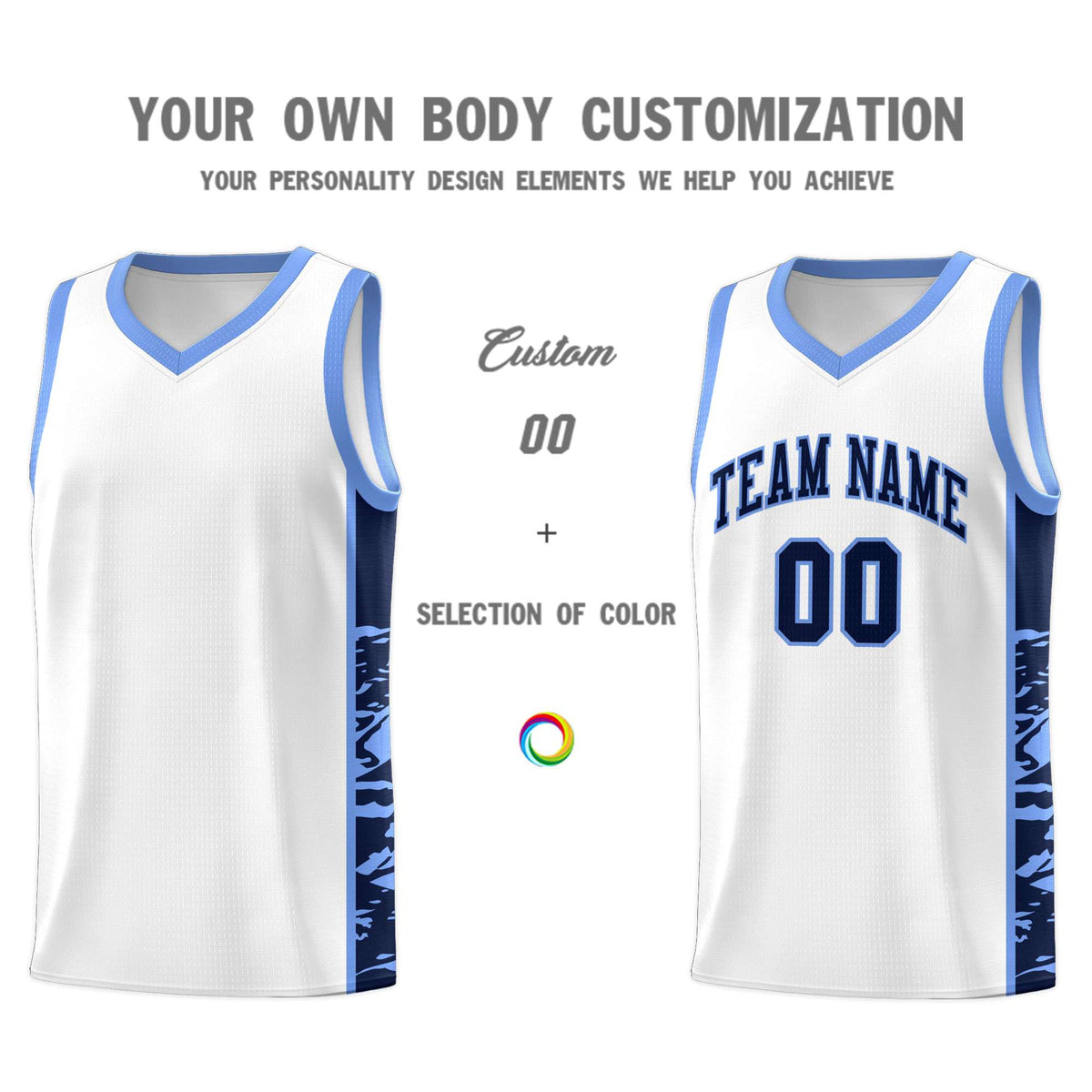 Custom White Light Blue Side Gradient Pattern Basketball Kits