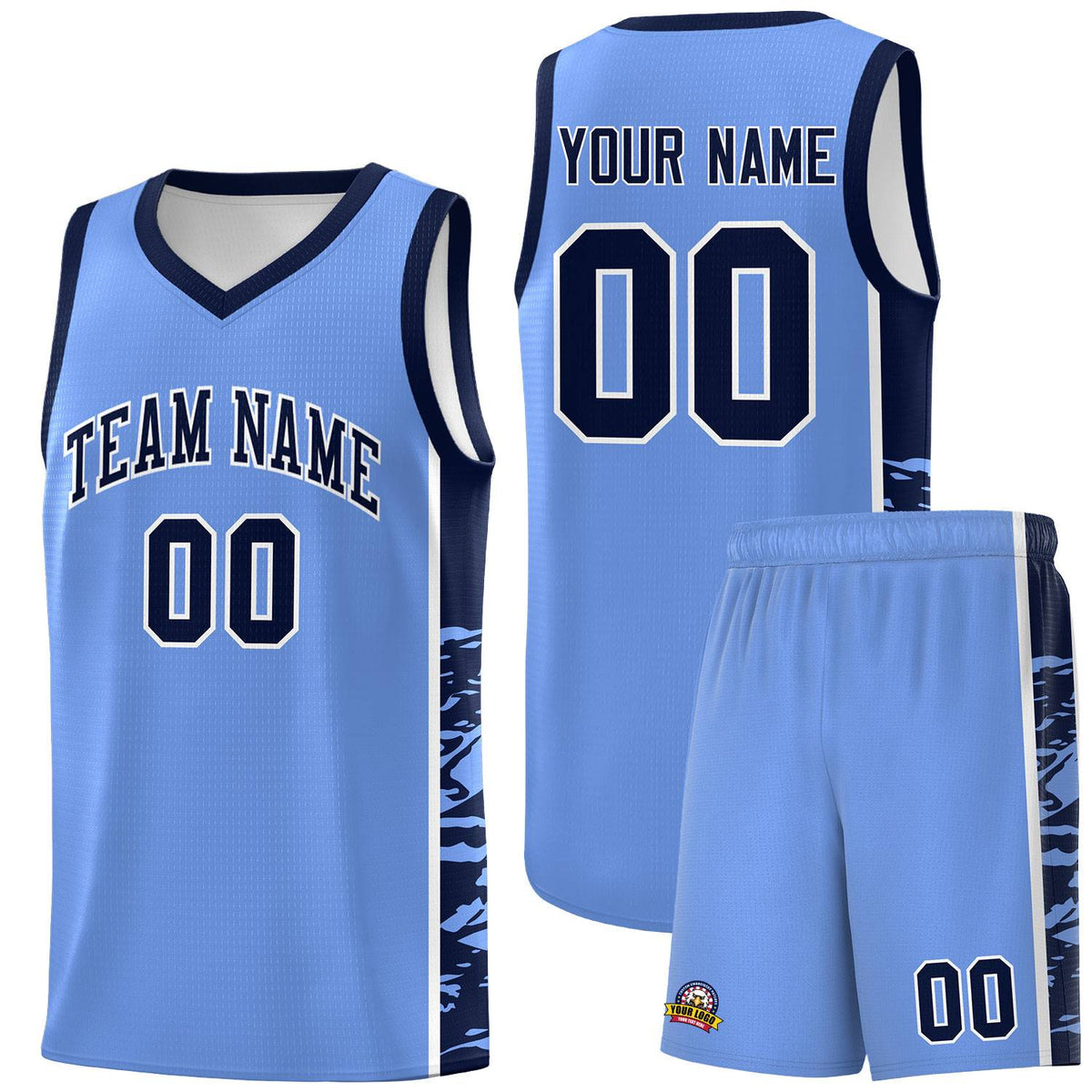 Custom Light Blue Navy Side Gradient Pattern Basketball Kits