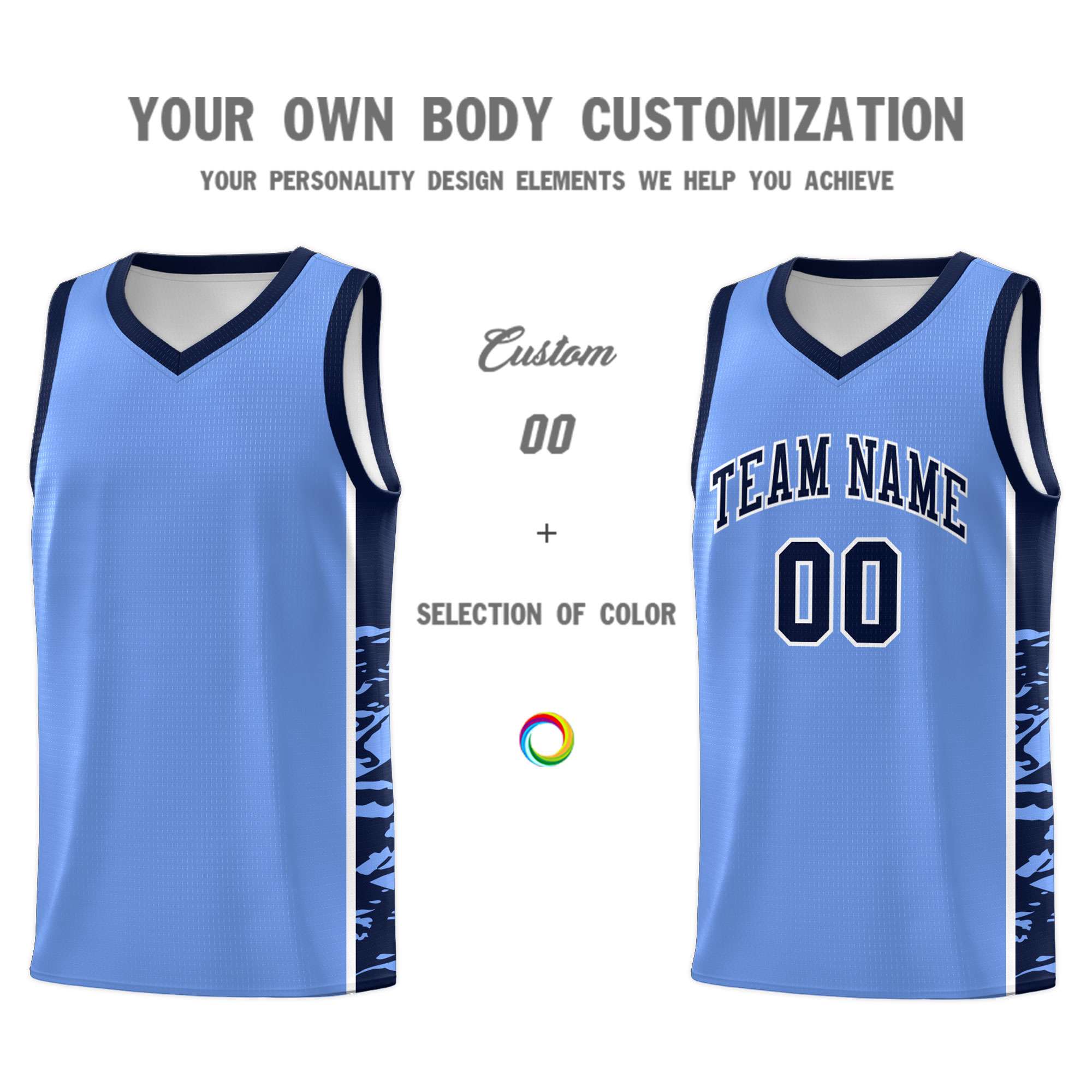 Custom Light Blue Navy Side Gradient Pattern Basketball Kits