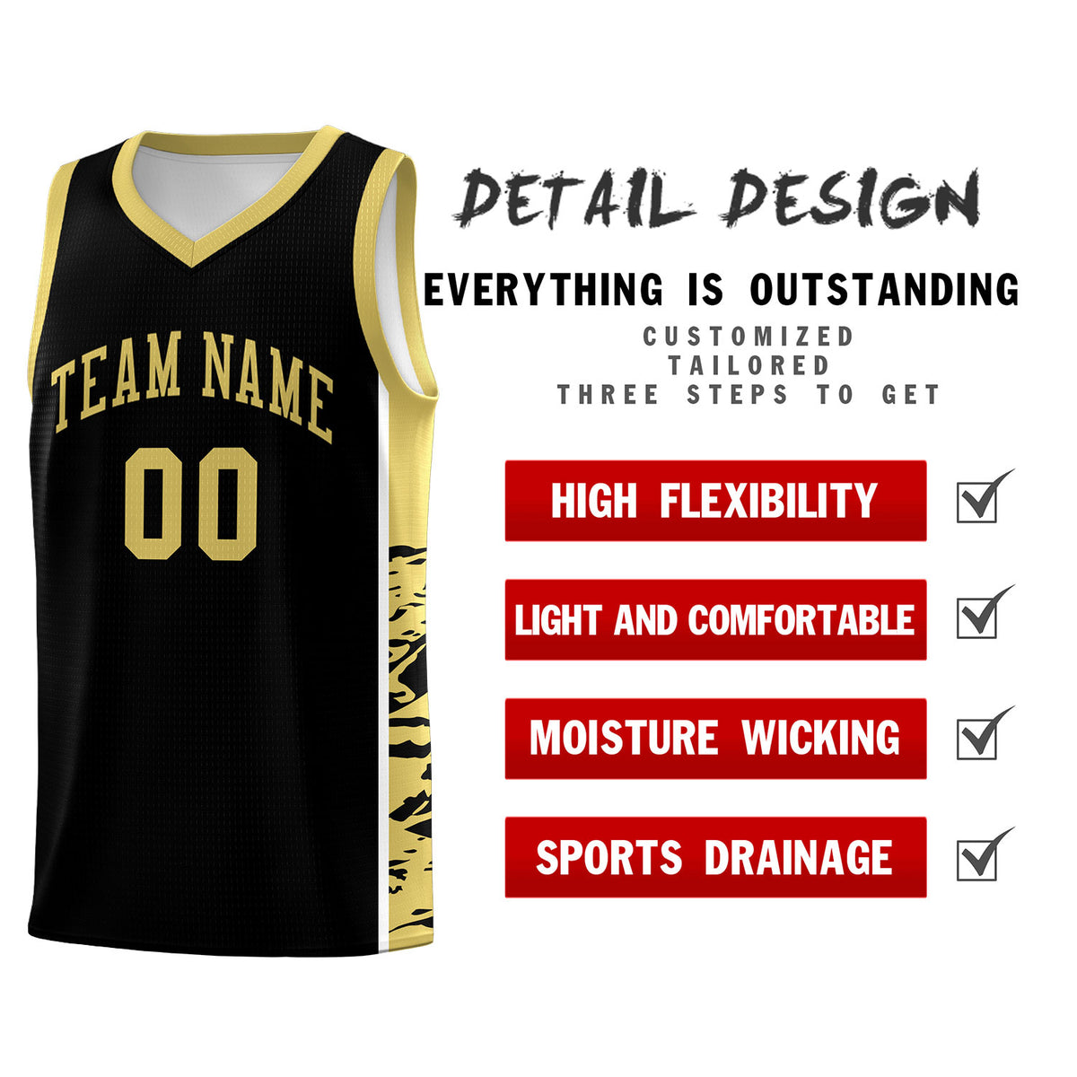 Custom Black Old Gold Side Gradient Pattern Basketball Kits