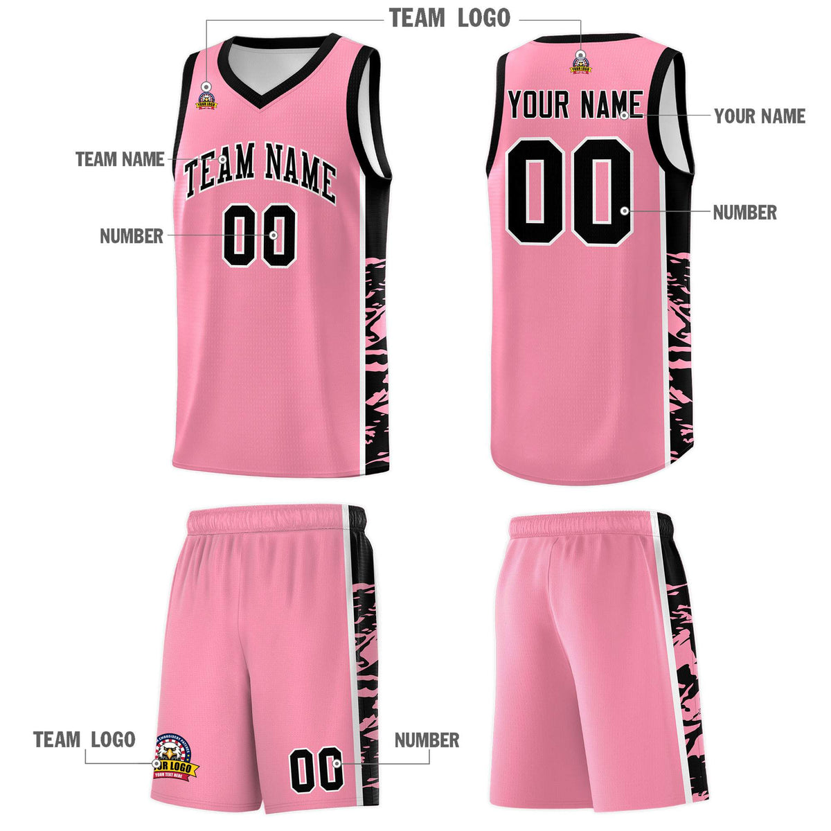 Custom Light Pink Black Side Gradient Pattern Basketball Kits