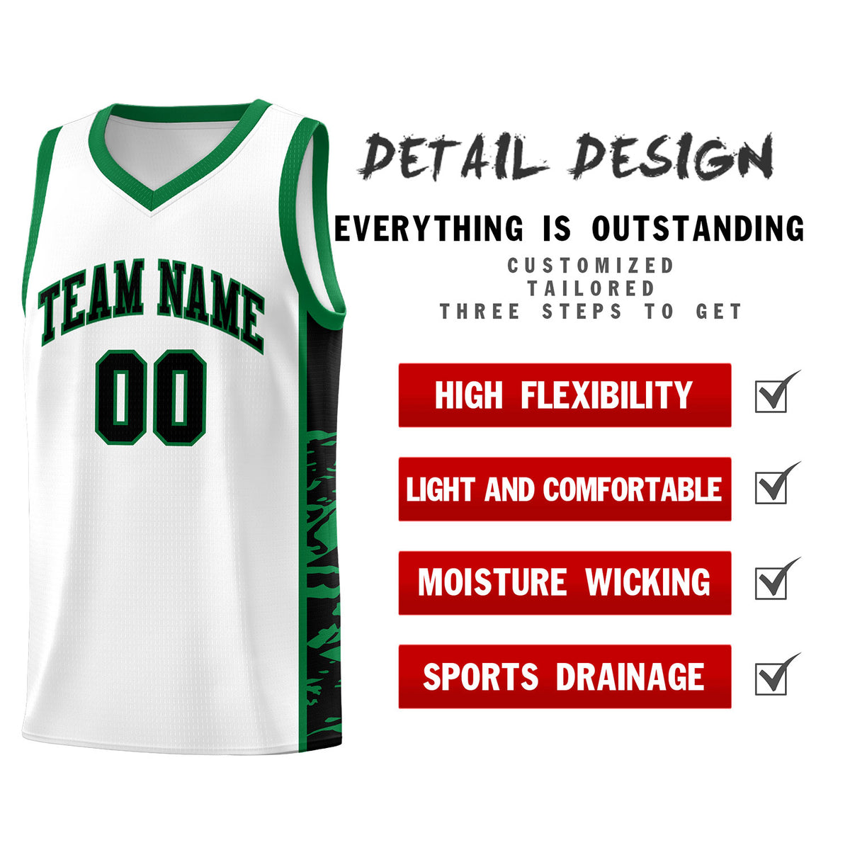 Custom White Kelly Green Side Gradient Pattern Basketball Kits