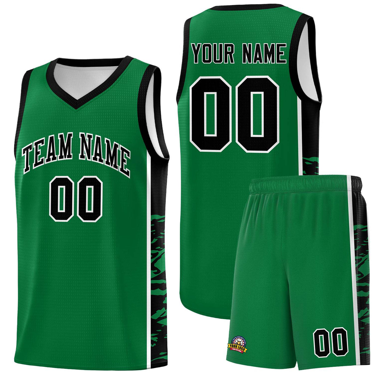 Custom Kelly Green Black Side Gradient Pattern Basketball Kits