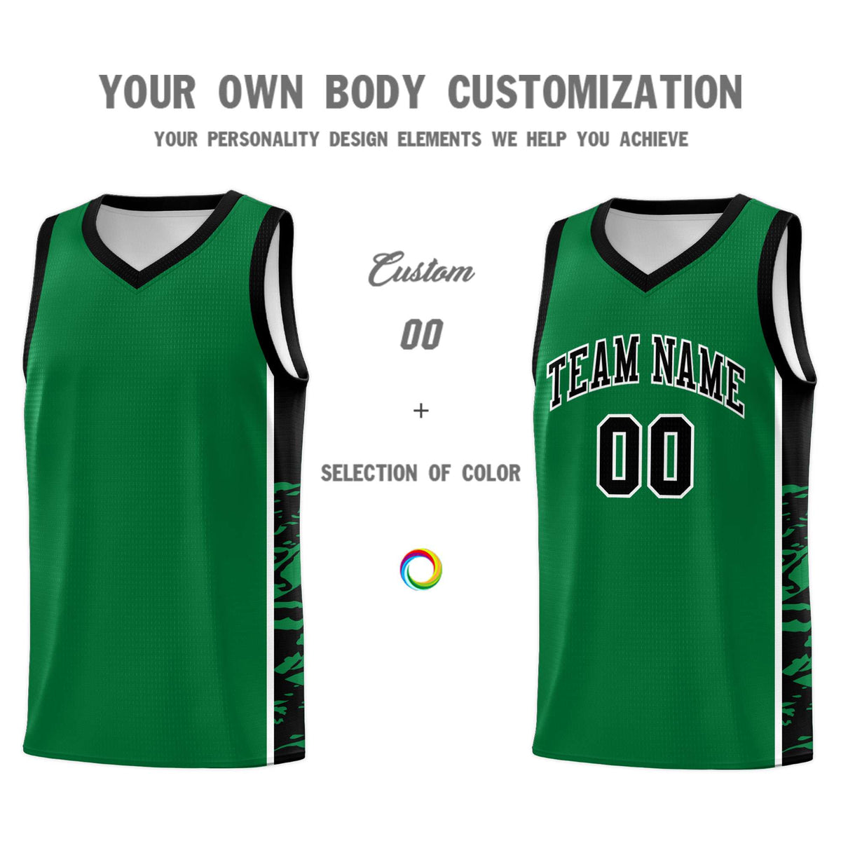 Custom Kelly Green Black Side Gradient Pattern Basketball Kits