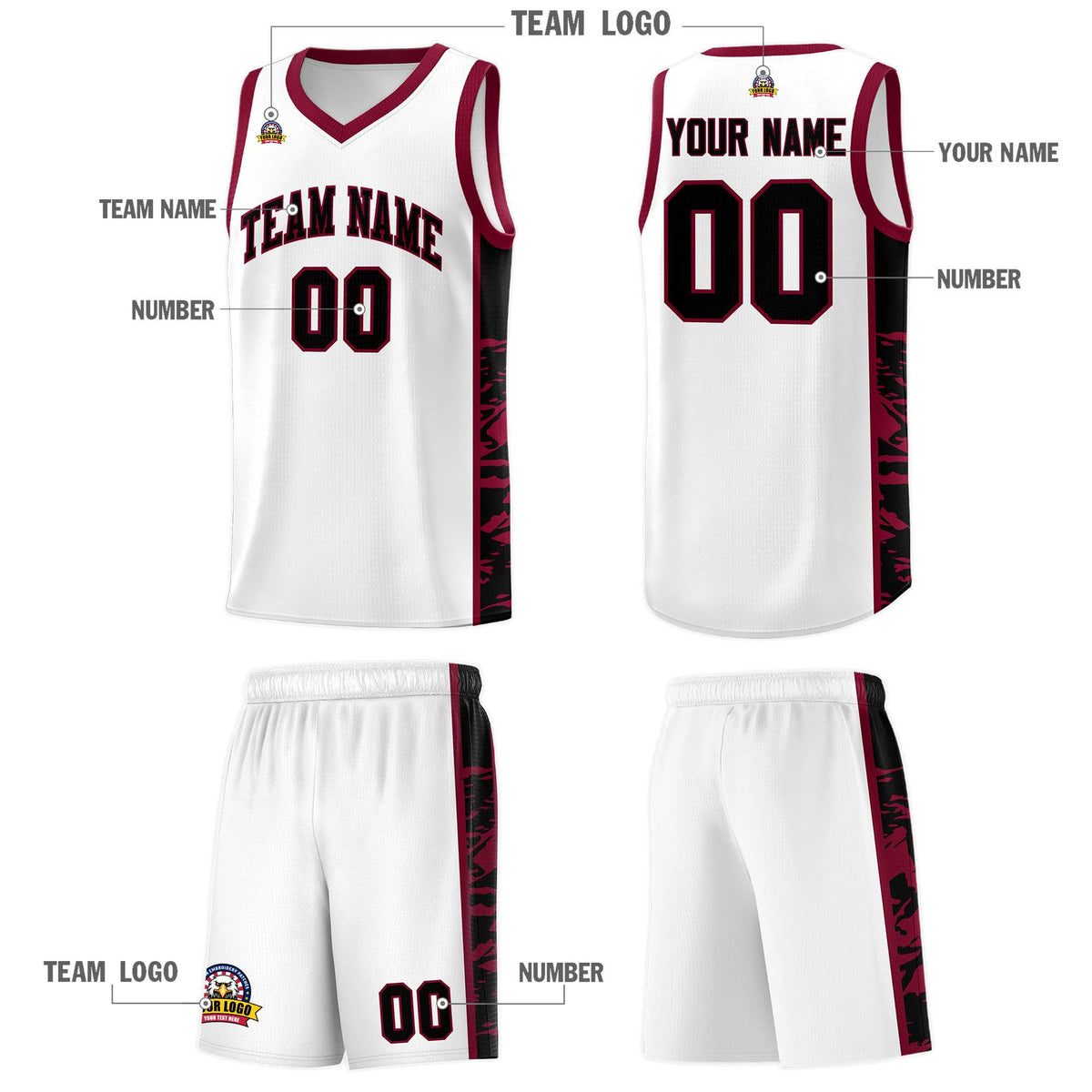 Custom White Crimson Side Gradient Pattern Basketball Kits