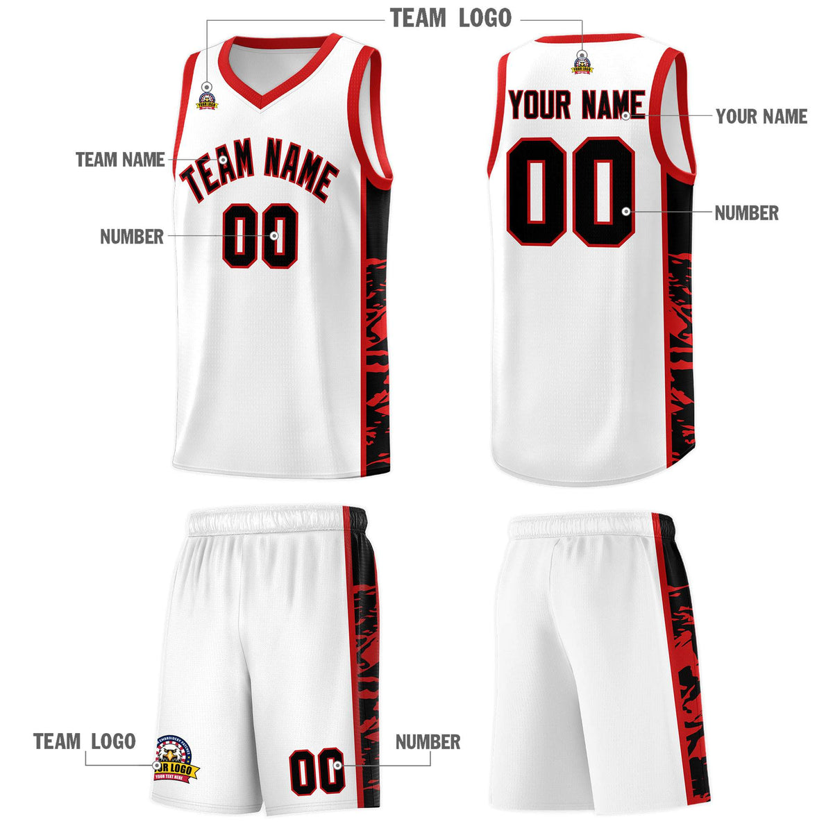 Custom White Red Side Gradient Pattern Basketball Kits