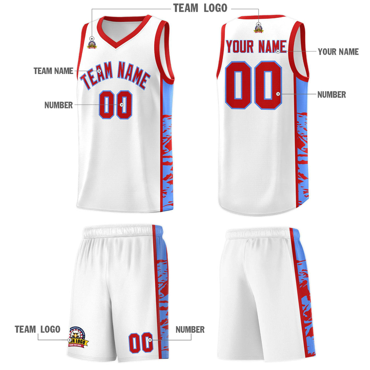 Custom White Red Side Gradient Pattern Basketball Kits
