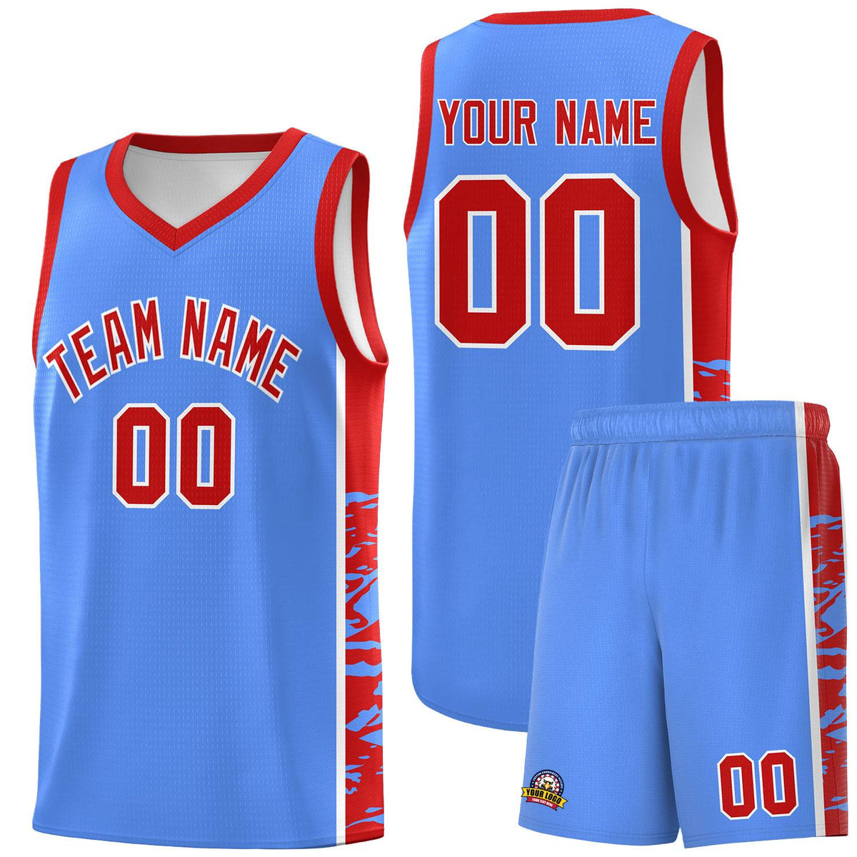 Custom Powder Blue Red Side Gradient Pattern Basketball Kits
