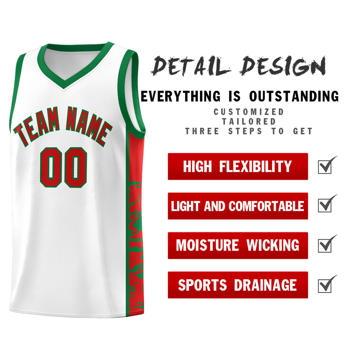 Custom White Kelly Green Side Gradient Pattern Basketball Kits