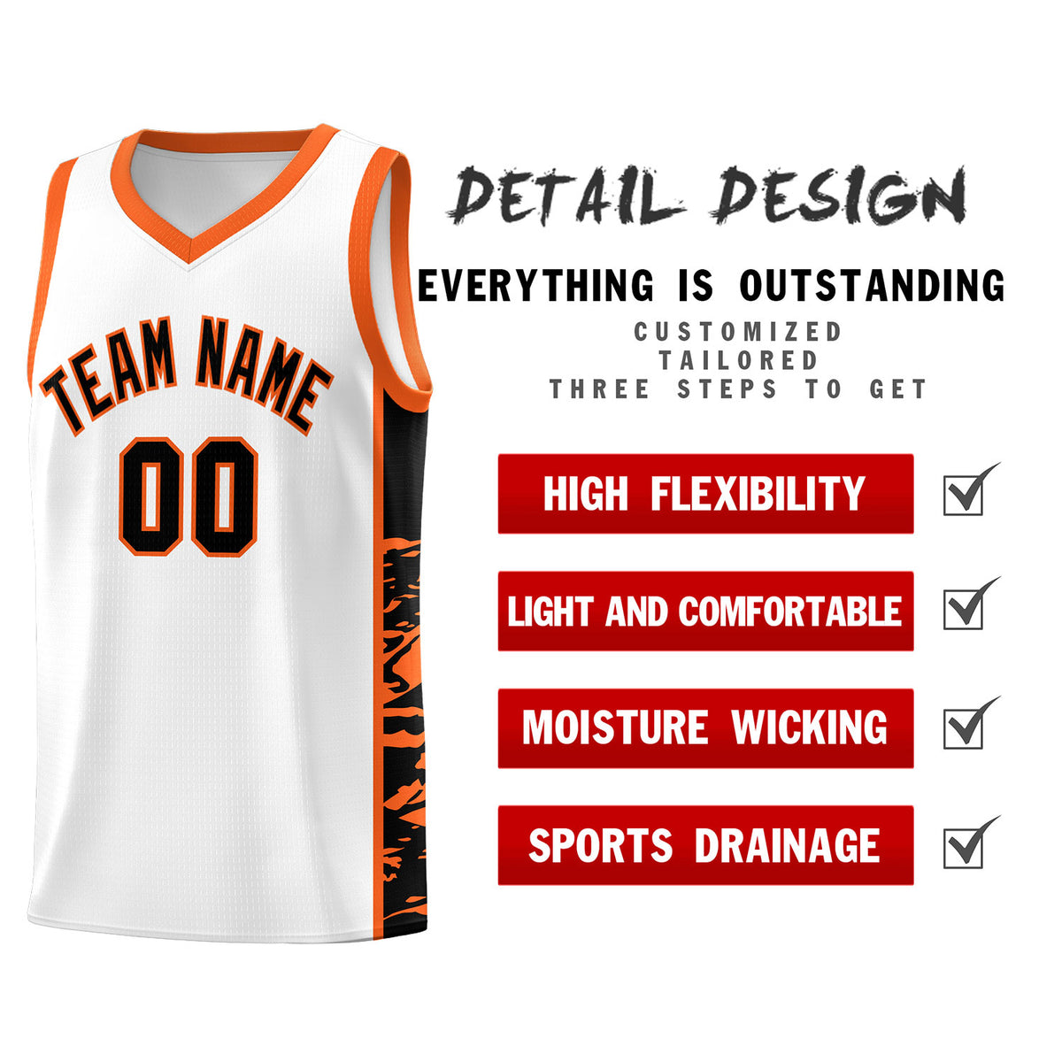 Custom White Orange Side Gradient Pattern Basketball Kits
