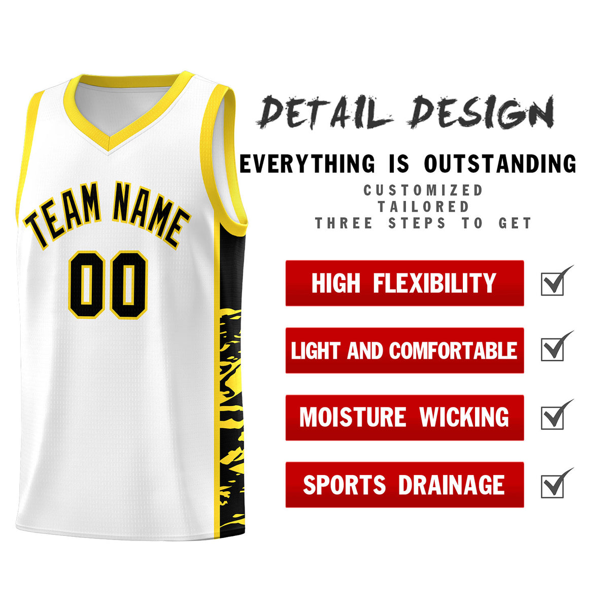 Custom White Gold Side Gradient Pattern Basketball Kits