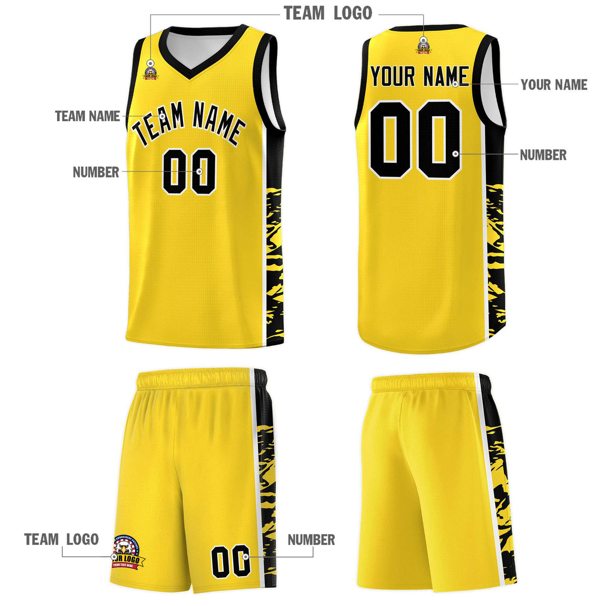 Custom Gold Black Side Gradient Pattern Basketball Kits