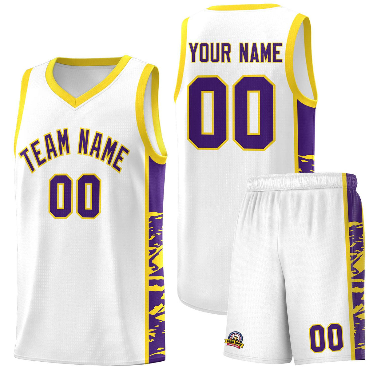 Custom White Gold Side Gradient Pattern Basketball Kits