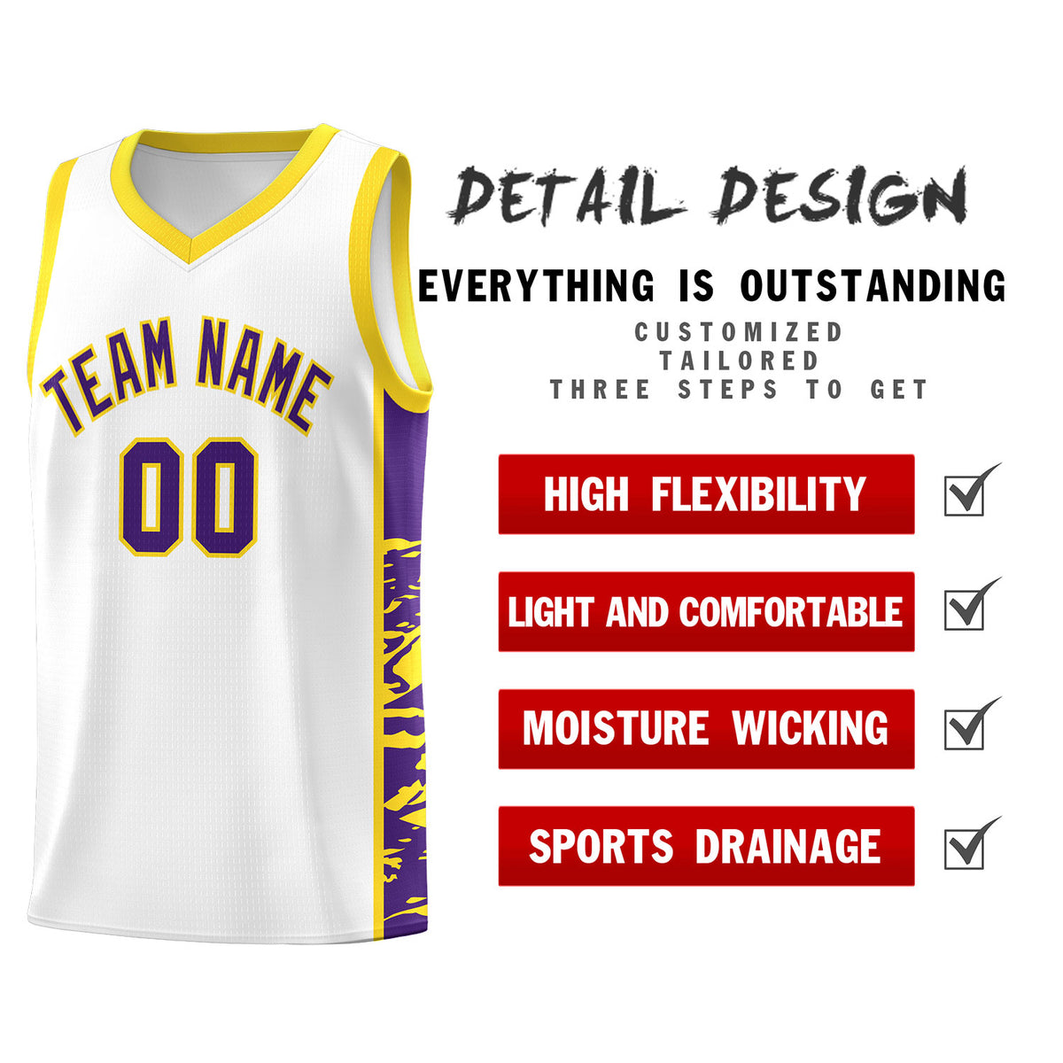 Custom White Gold Side Gradient Pattern Basketball Kits