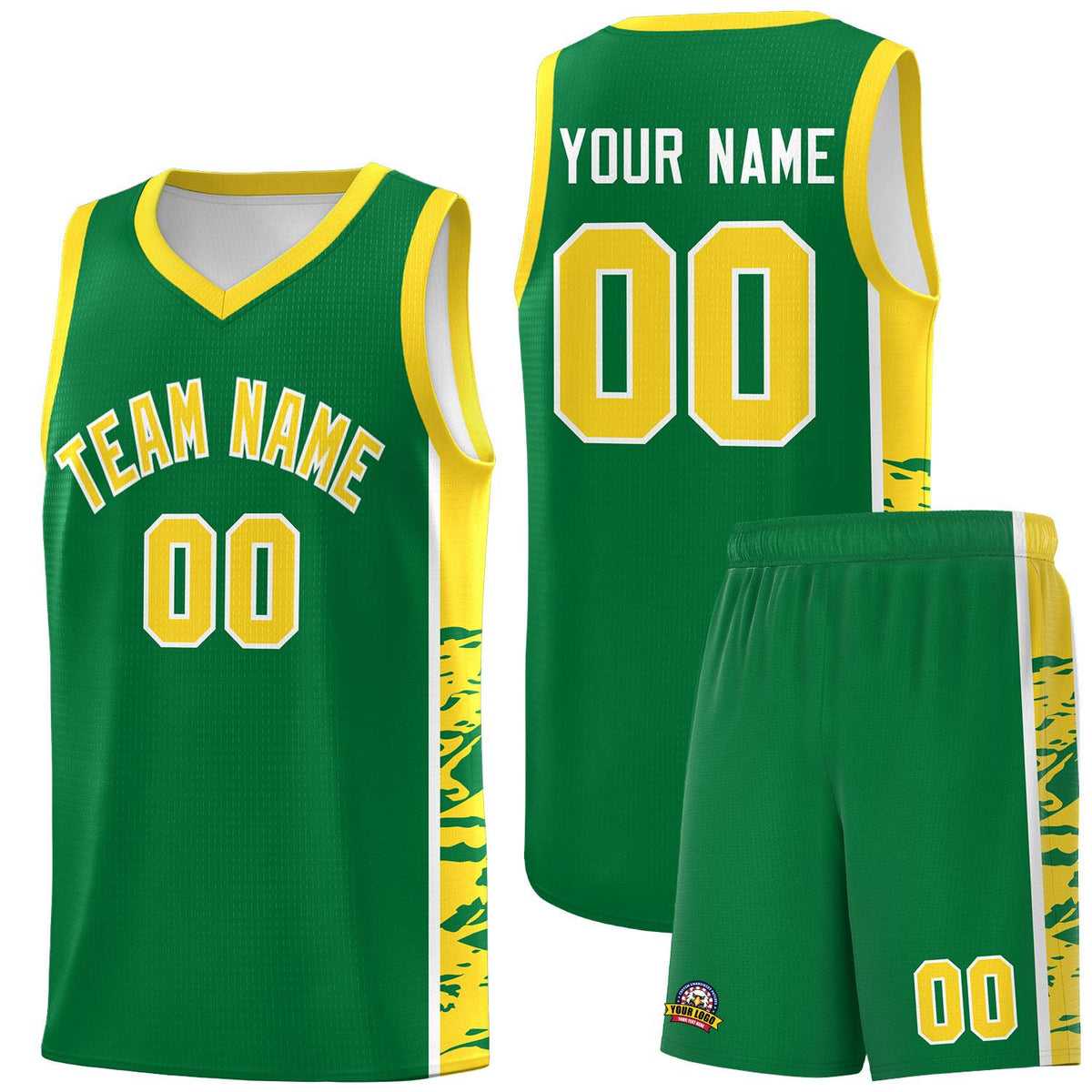 Custom Kelly Green Gold Side Gradient Pattern Basketball Kits