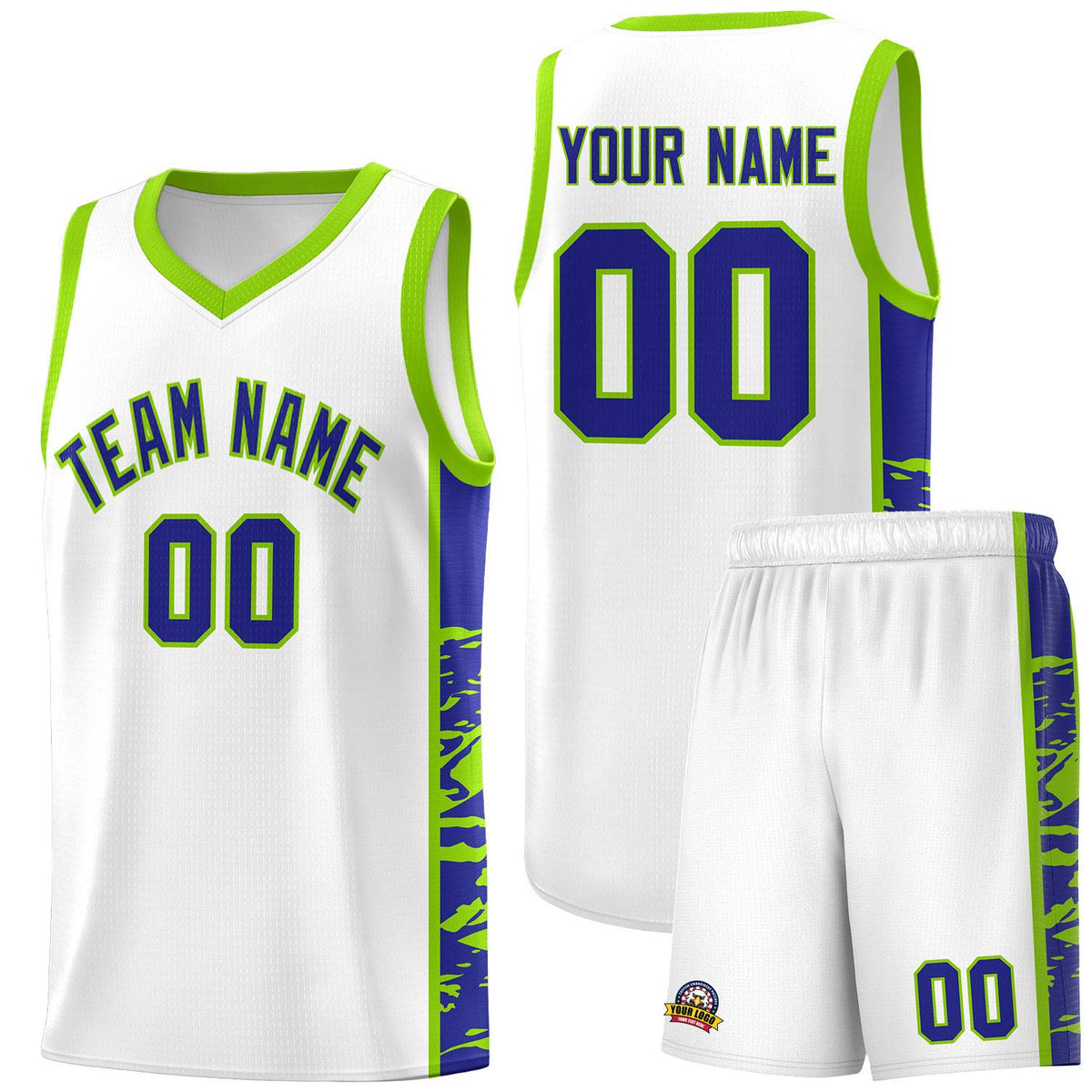 Custom White Neon Green Side Gradient Pattern Basketball Kits
