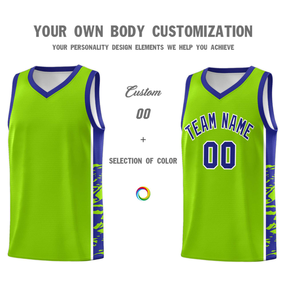 Custom Neon Green Royal Side Gradient Pattern Basketball Kits