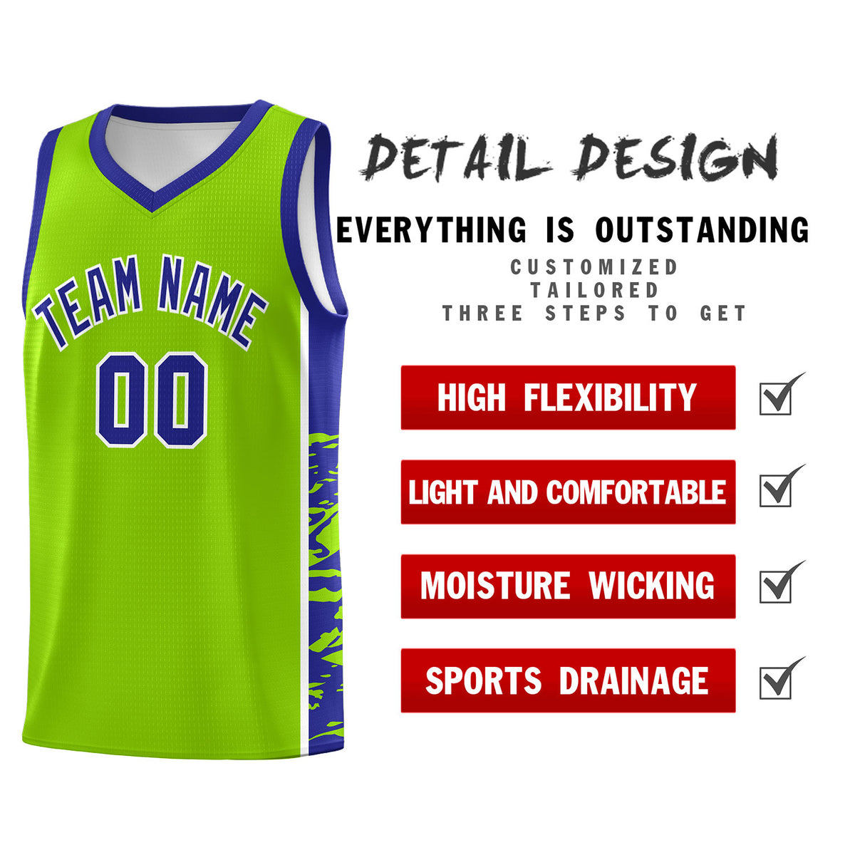 Custom Neon Green Royal Side Gradient Pattern Basketball Kits