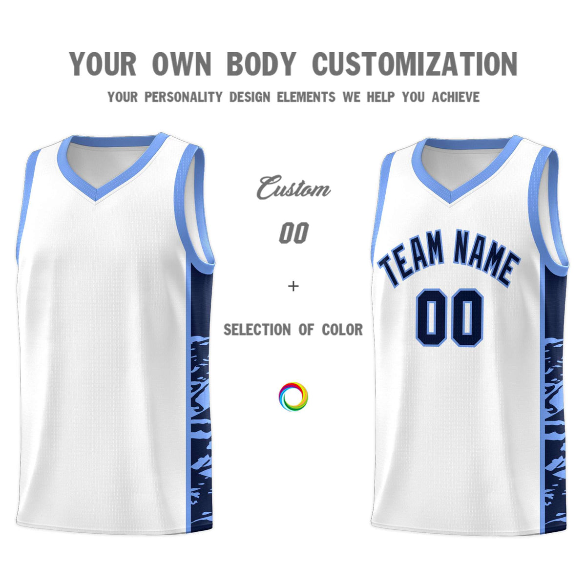 Custom White Light Blue Side Gradient Pattern Basketball Kits