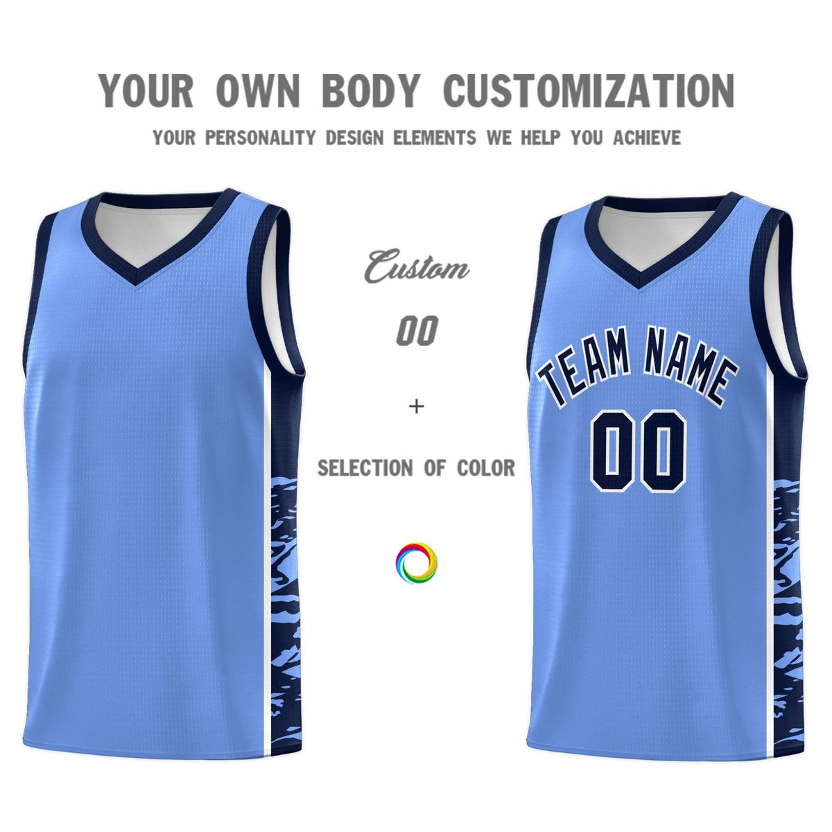 Custom Light Blue Navy Side Gradient Pattern Basketball Kits