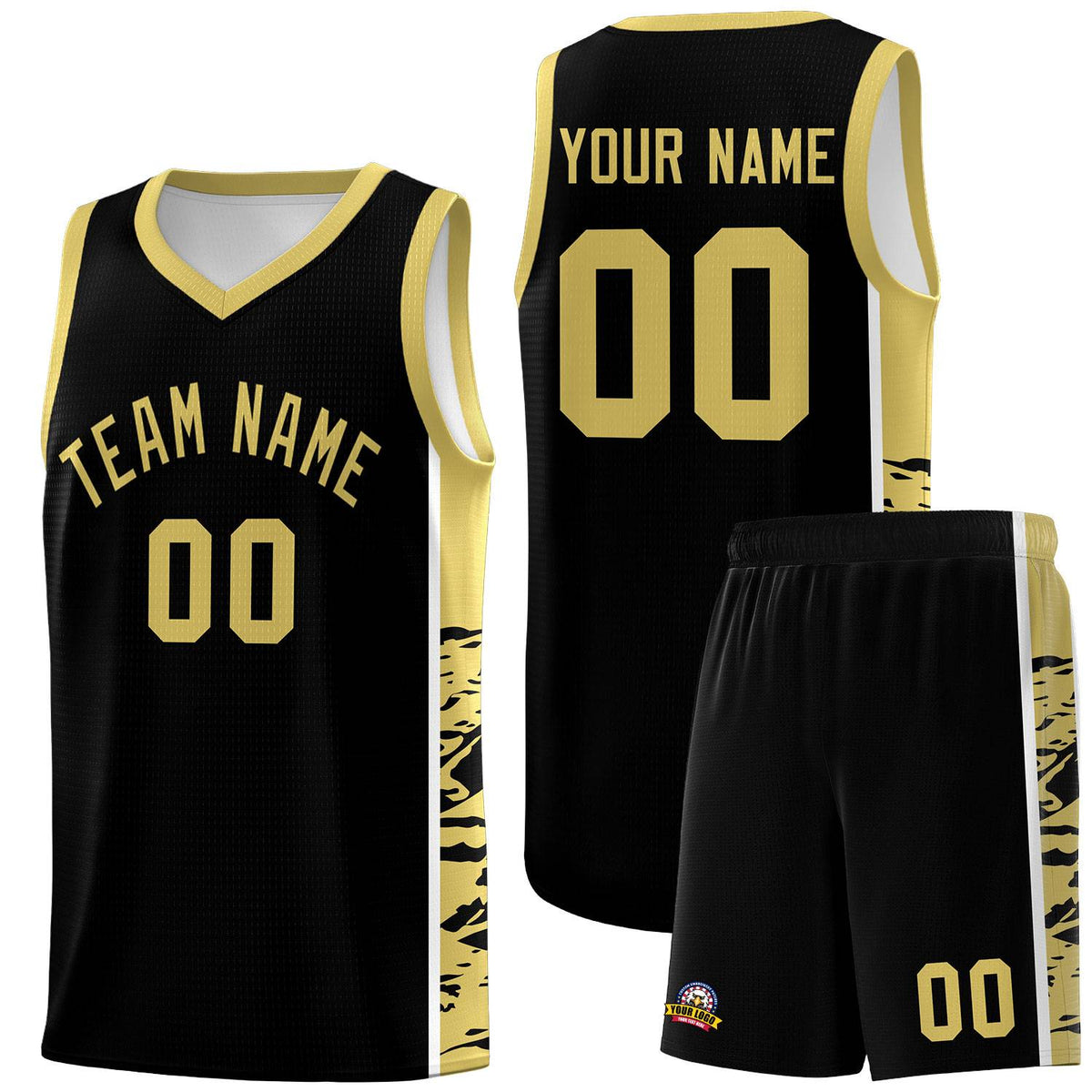 Custom Black Old Gold Side Gradient Pattern Basketball Kits