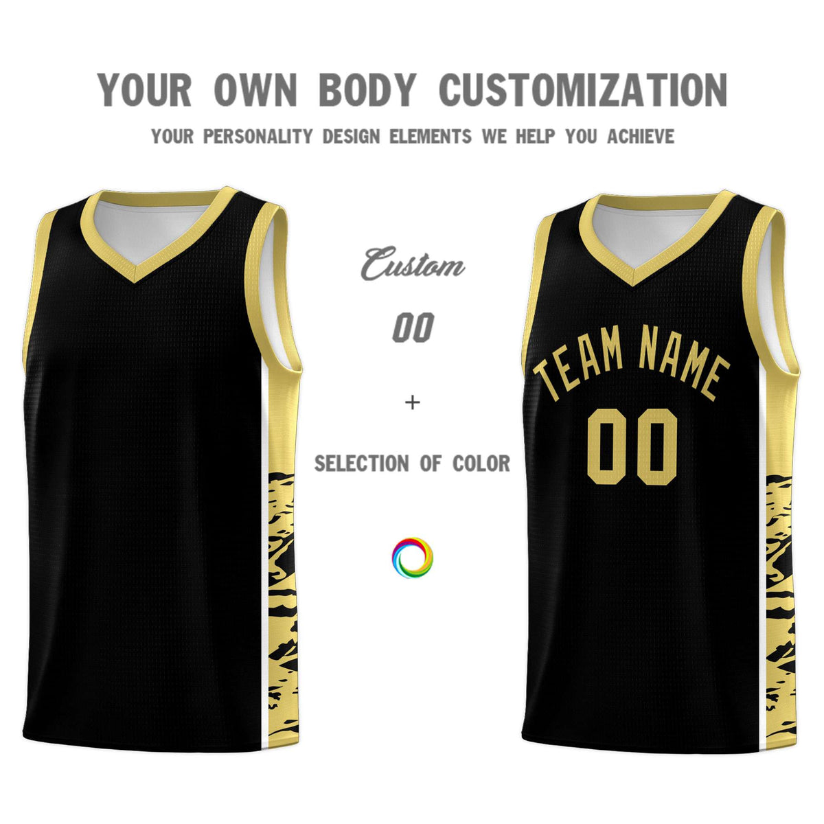Custom Black Old Gold Side Gradient Pattern Basketball Kits