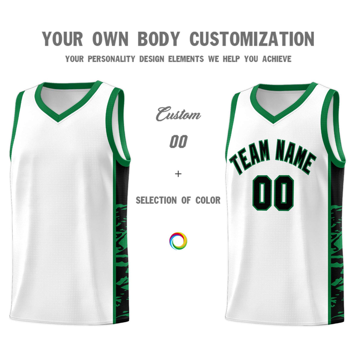 Custom White Kelly Green Side Gradient Pattern Basketball Kits