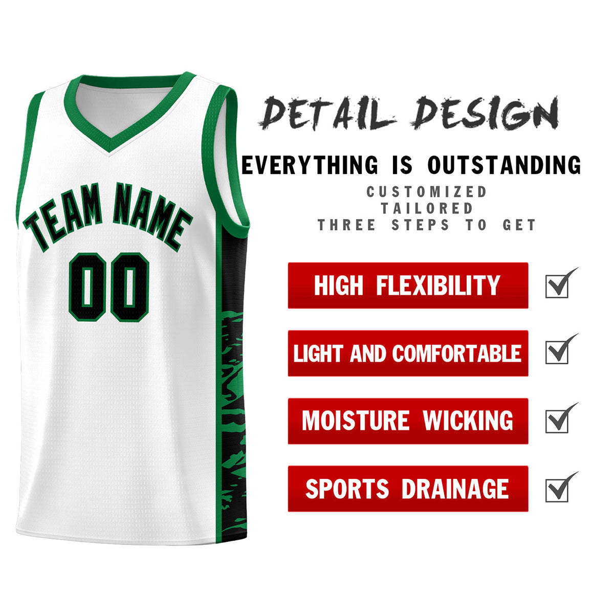 Custom White Kelly Green Side Gradient Pattern Basketball Kits