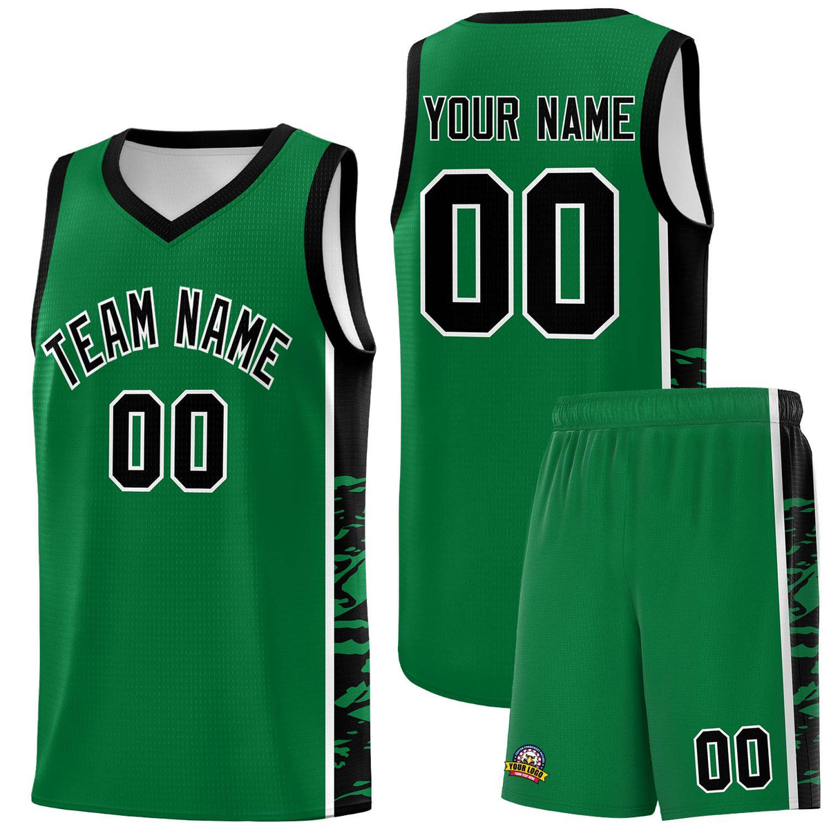 Custom Kelly Green Black Side Gradient Pattern Basketball Kits
