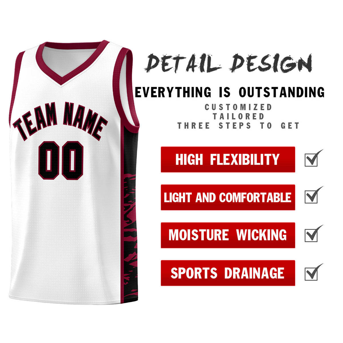 Custom White Crimson Side Gradient Pattern Basketball Kits