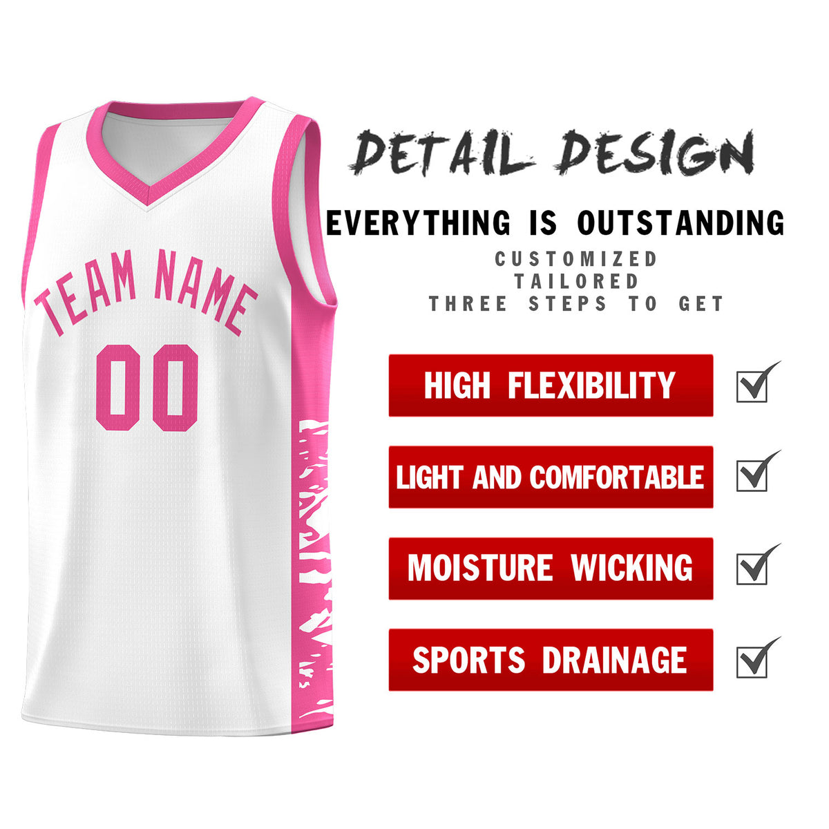Custom White Pink Side Gradient Pattern Basketball Kits