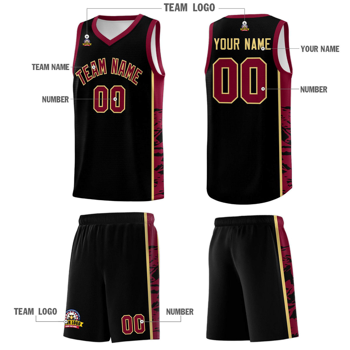 Custom Black Crimson Side Gradient Pattern Basketball Kits