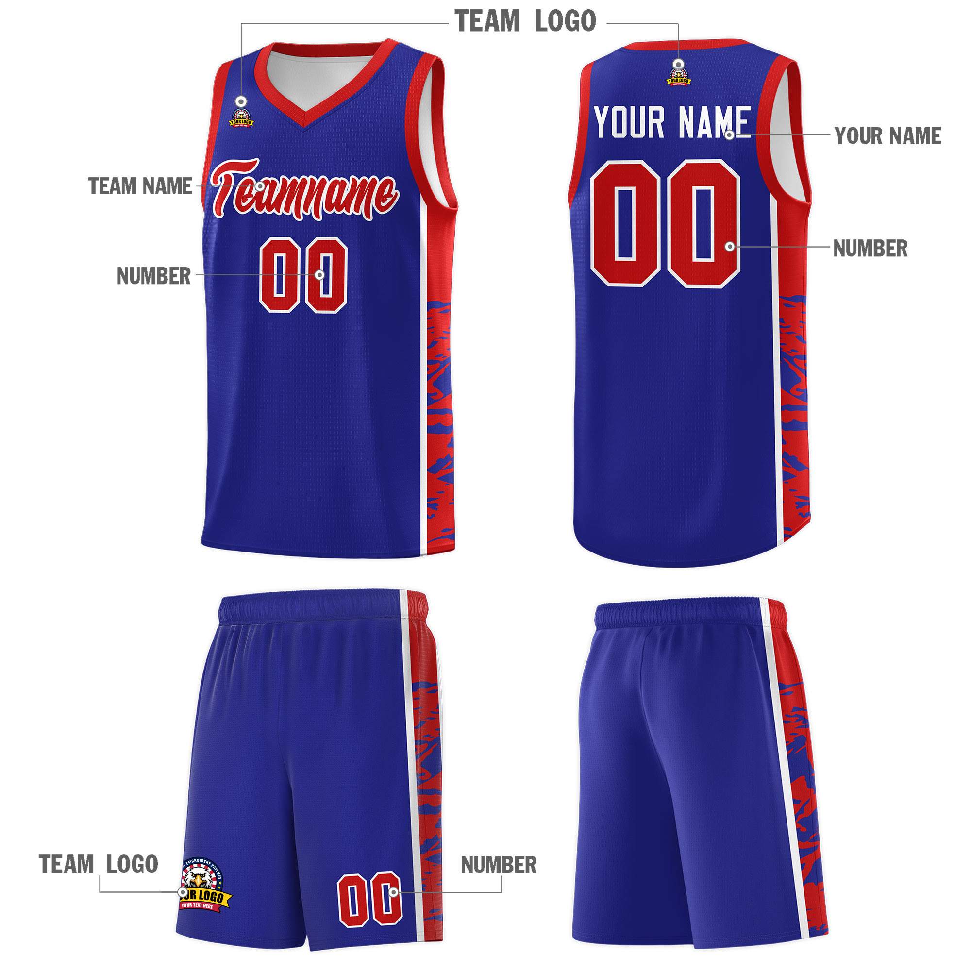 Custom Royal Red Side Gradient Pattern Basketball Kits
