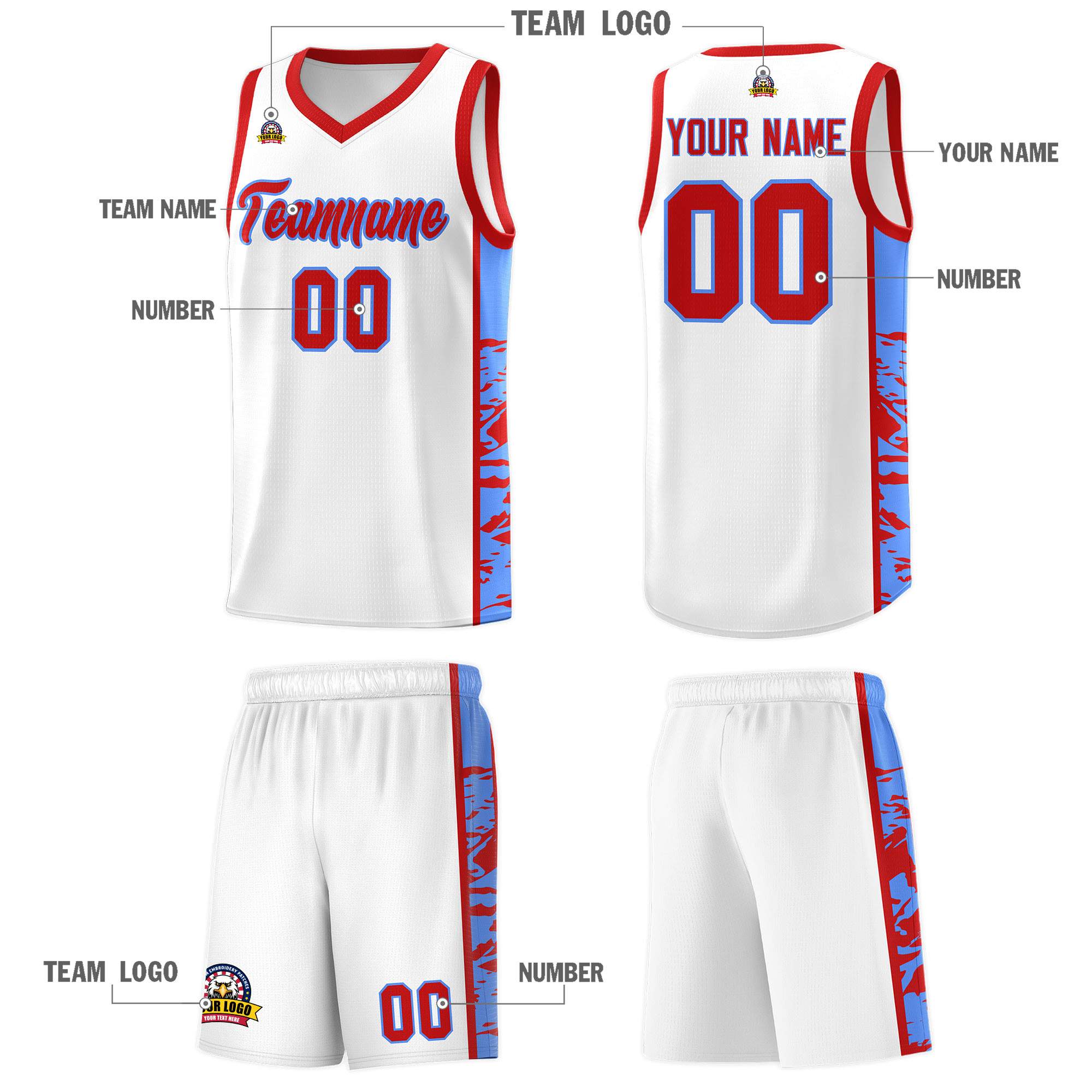 Custom White Red Side Gradient Pattern Basketball Kits