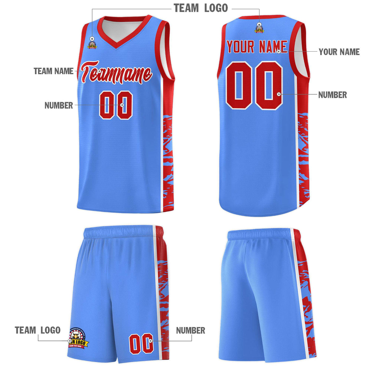 Custom Powder Blue Red Side Gradient Pattern Basketball Kits