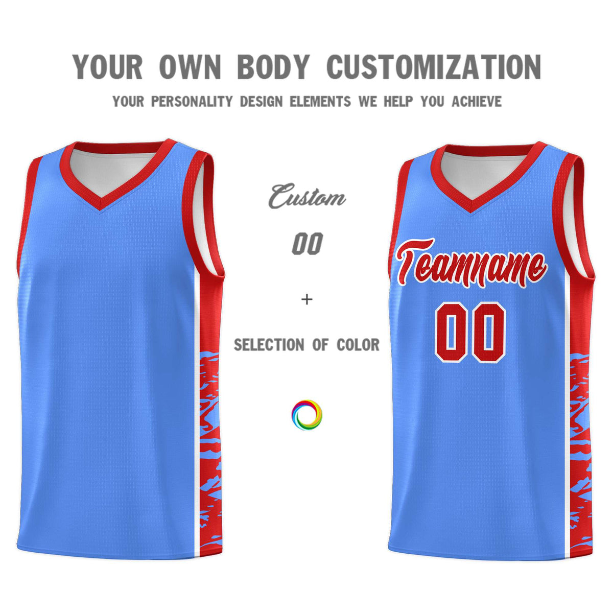 Custom Powder Blue Red Side Gradient Pattern Basketball Kits