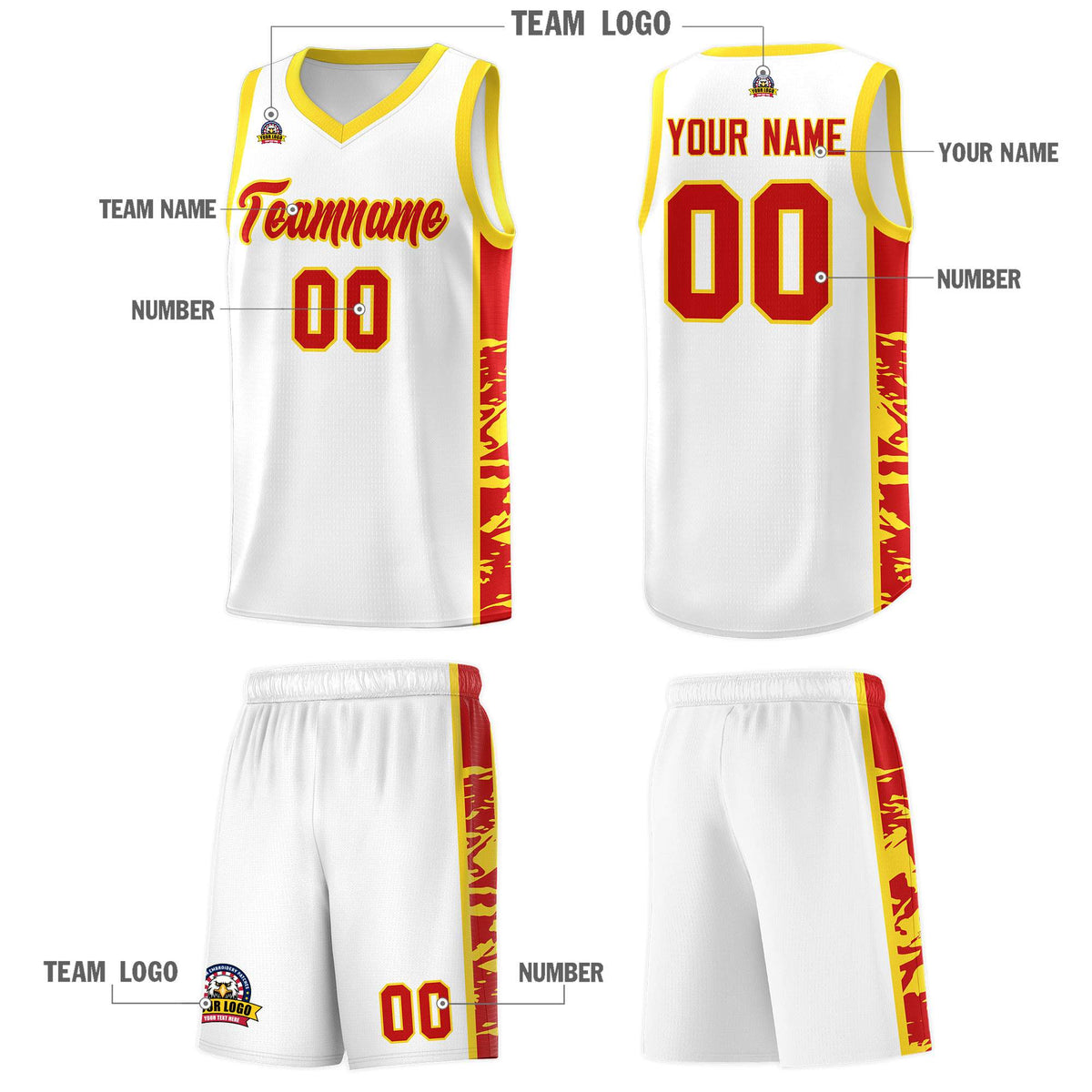 Custom White Gold Side Gradient Pattern Basketball Kits