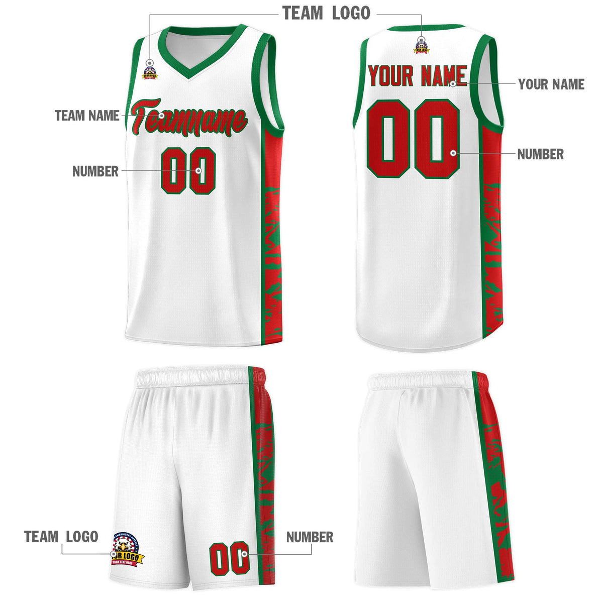 Custom White Kelly Green Side Gradient Pattern Basketball Kits
