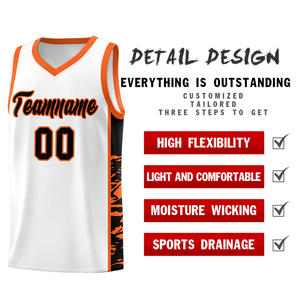 Custom White Orange Side Gradient Pattern Basketball Kits