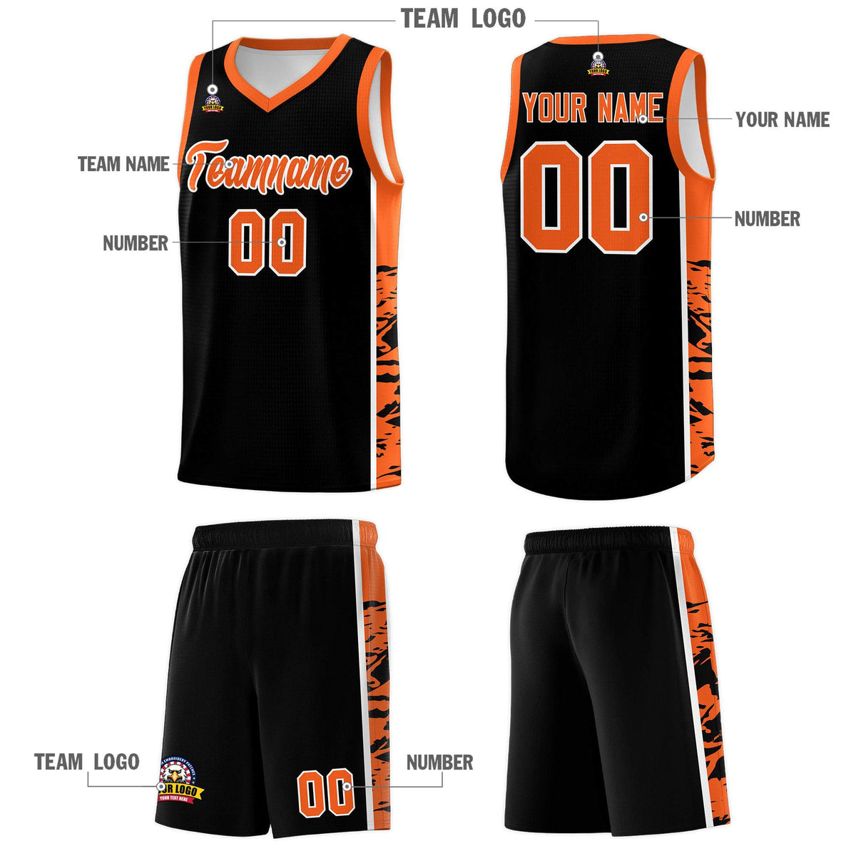 Custom Black Orange Side Gradient Pattern Basketball Kits