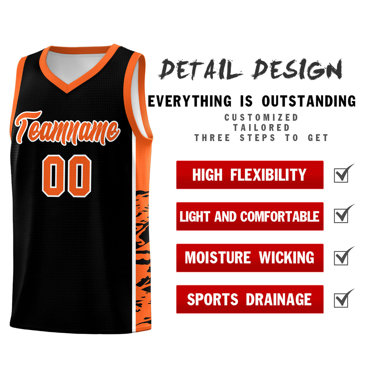 Custom Black Orange Side Gradient Pattern Basketball Kits