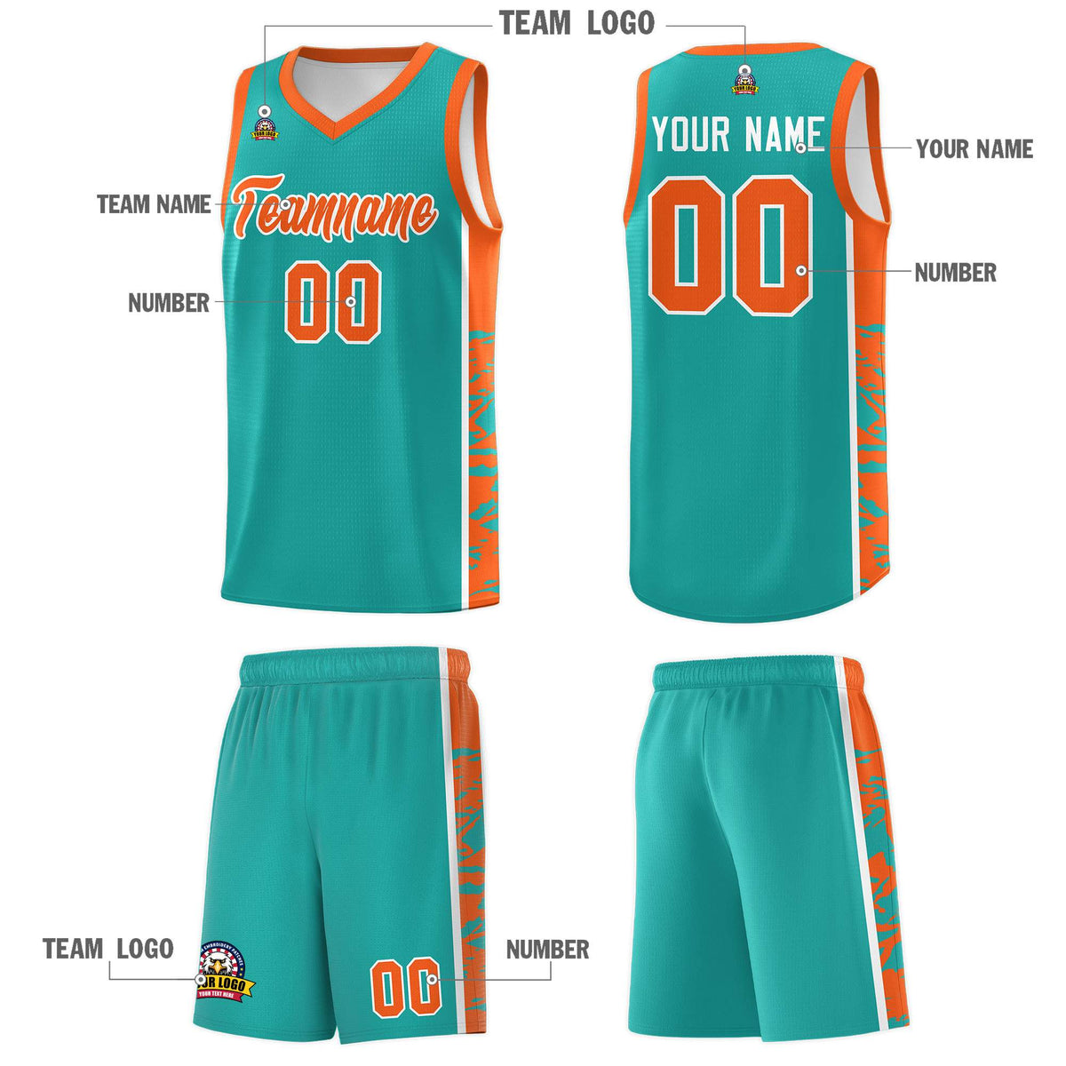 Custom Aqua Orange Side Gradient Pattern Basketball Kits