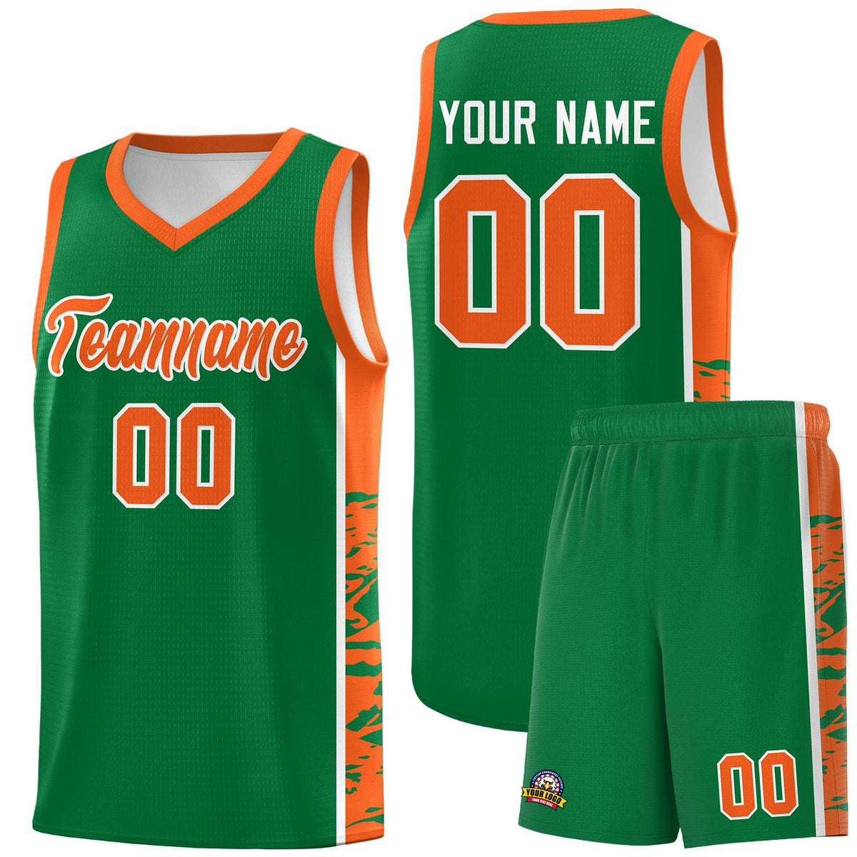 Custom Kelly Green Orange Side Gradient Pattern Basketball Kits