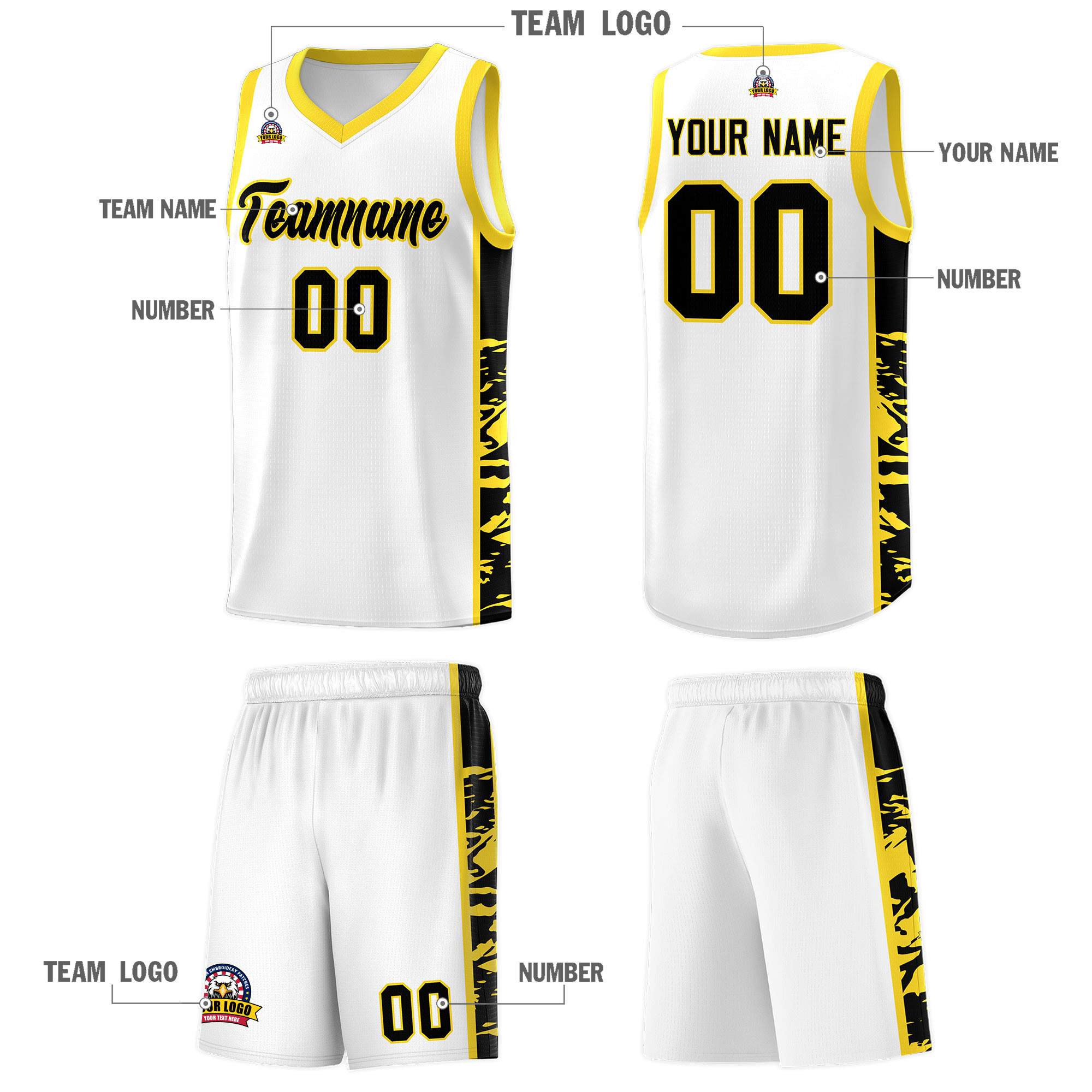 Custom White Gold Side Gradient Pattern Basketball Kits