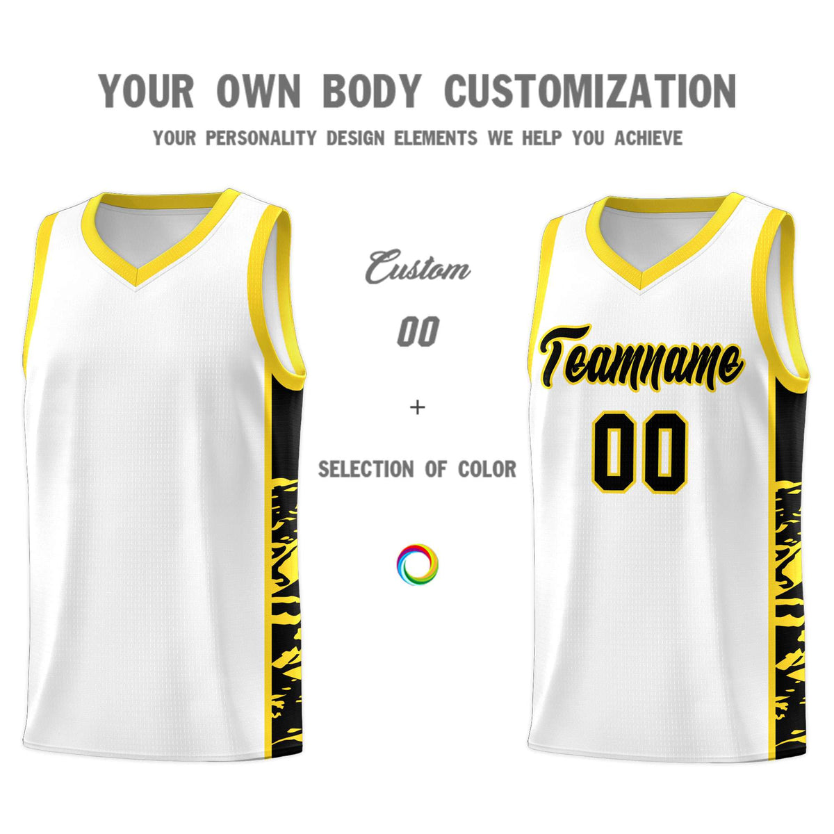 Custom White Gold Side Gradient Pattern Basketball Kits