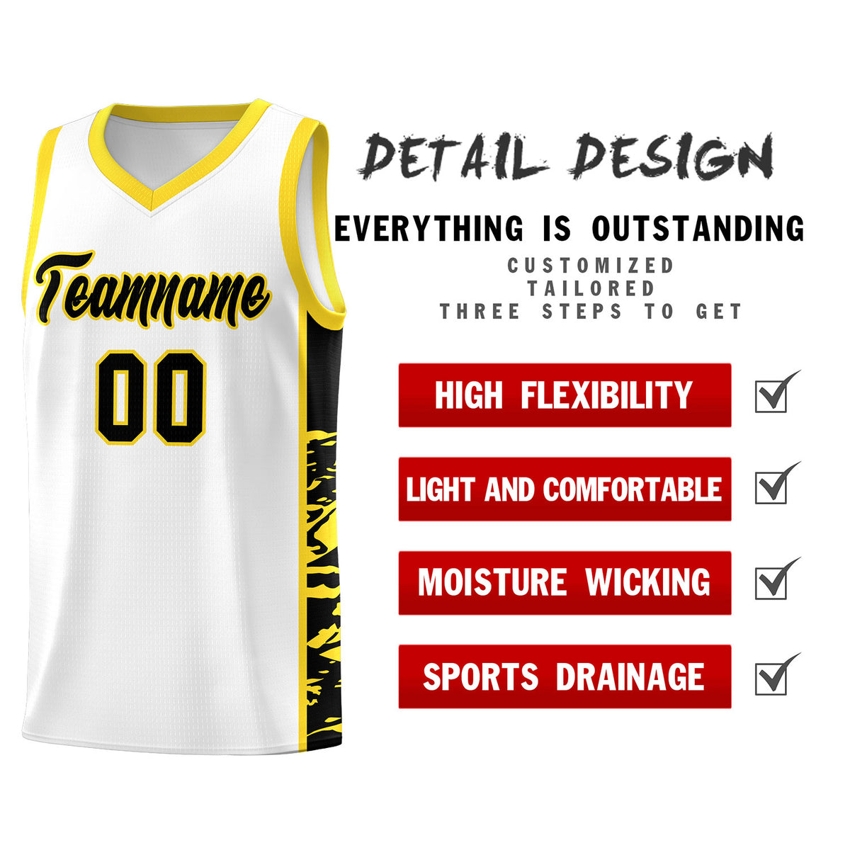 Custom White Gold Side Gradient Pattern Basketball Kits