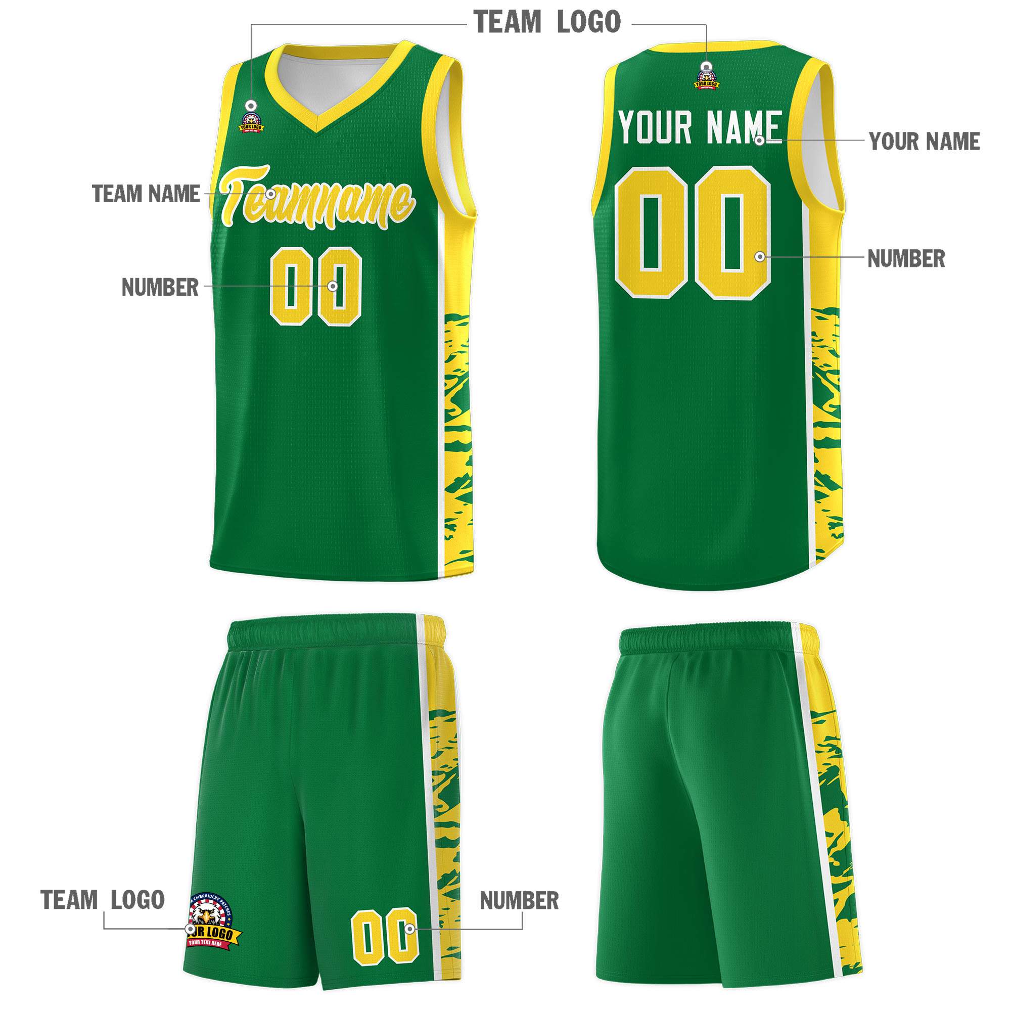 Custom Kelly Green Gold Side Gradient Pattern Basketball Kits