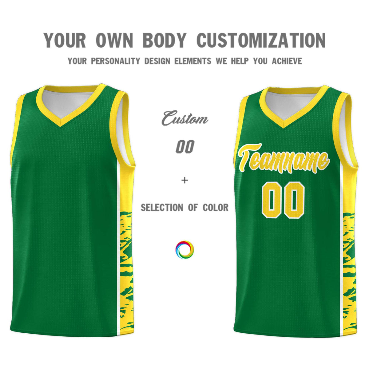 Custom Kelly Green Gold Side Gradient Pattern Basketball Kits