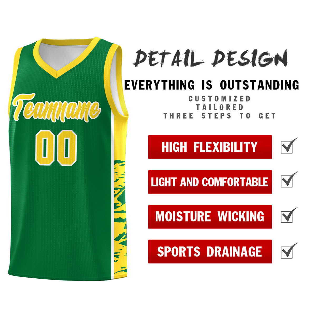 Custom Kelly Green Gold Side Gradient Pattern Basketball Kits