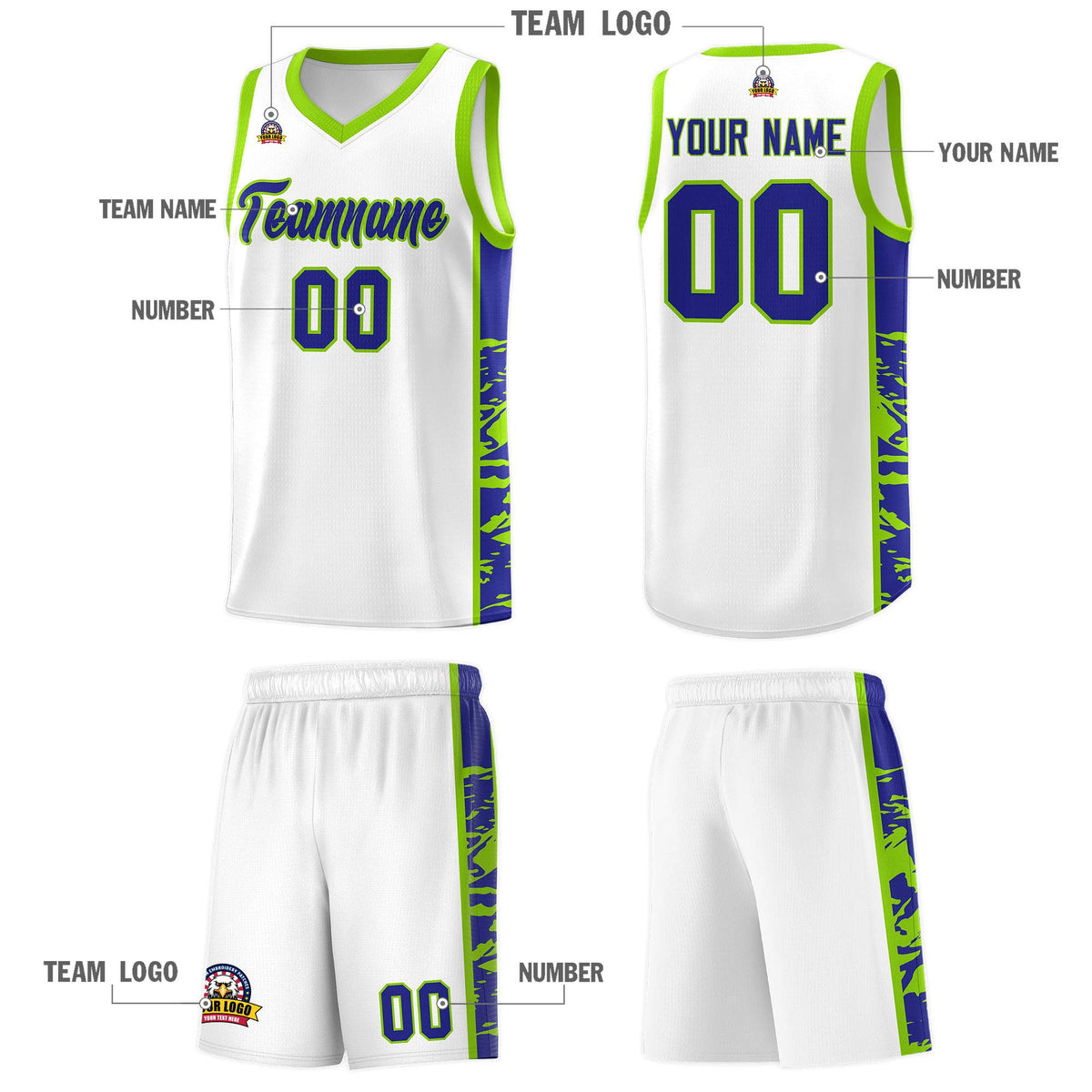 Custom White Neon Green Side Gradient Pattern Basketball Kits